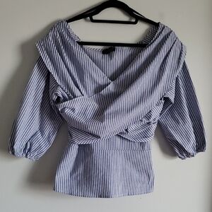 Striped Off-Shoulder Cotton Wrap Blouse - Blue & White Stripped Large